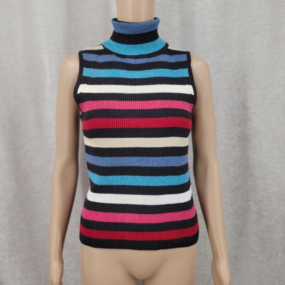 Y2K Metallic Striped Sleeveless Turtleneck Sweater